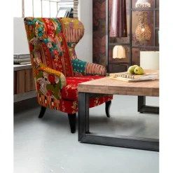 Fauteuil à oreilles Patchwork rouge