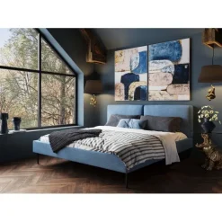 Lit East Side velours cotelé bleu 180x200cm
