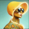 Tableau encadré LED Sun Hat Woman jaune 80x80cm