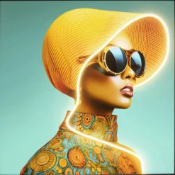Tableau encadré LED Sun Hat Woman jaune 80x80cm