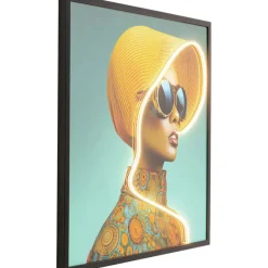 Tableau encadré LED Sun Hat Woman jaune 80x80cm