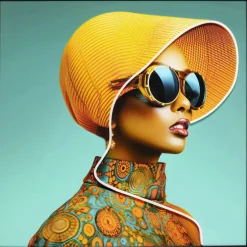 Tableau encadré LED Sun Hat Woman jaune 80x80cm
