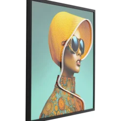 Tableau encadré LED Sun Hat Woman jaune 80x80cm